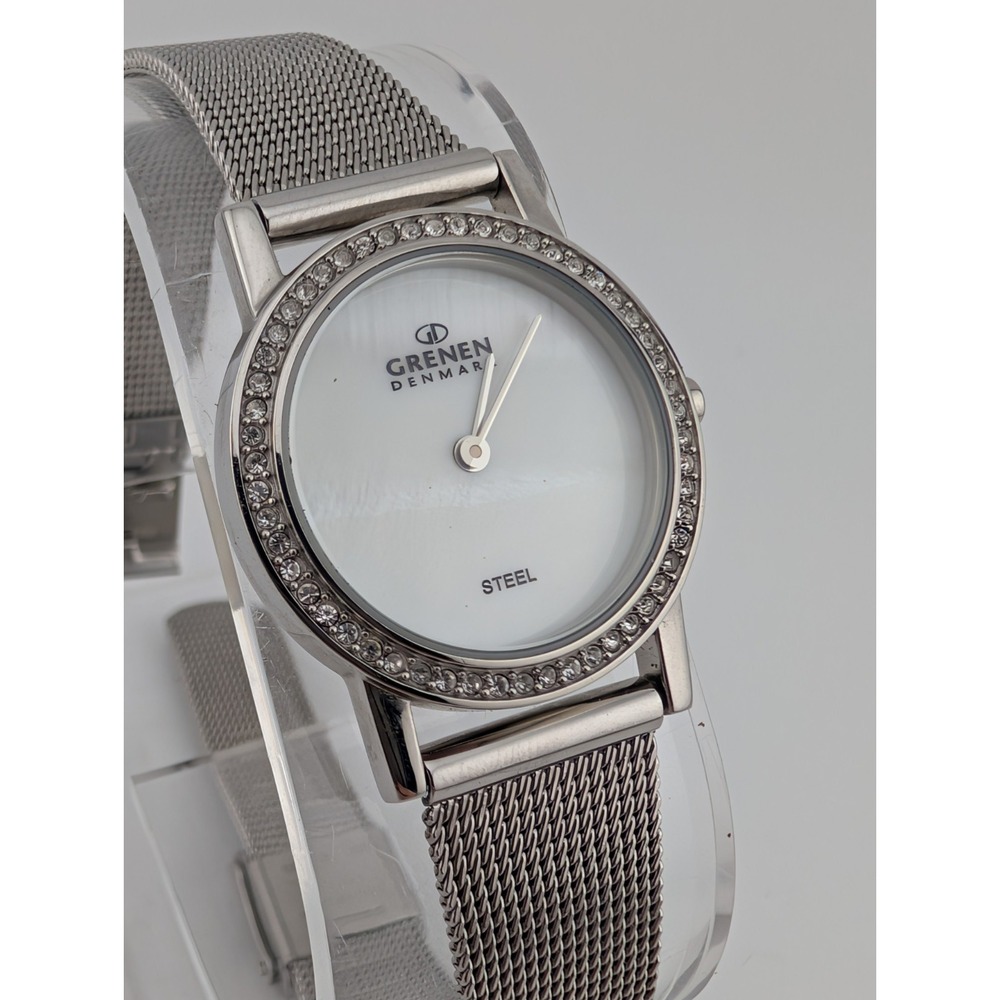 Grenen Denmark Watch Women 26mm Mesh Band Crystal Accents MOP Dial- New Battery